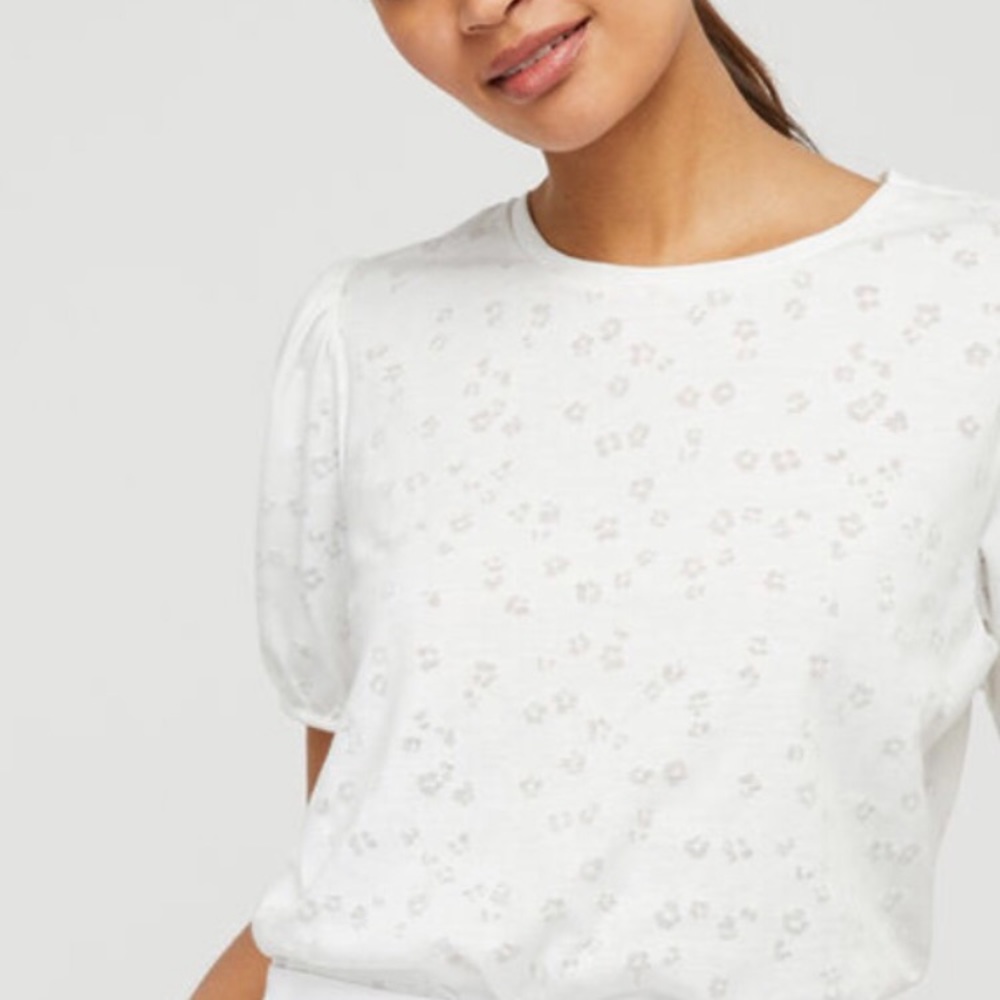 Monsoon Floral Tee in White Burnout Jersey with Puff Sleeves. Size XL. NWOT.